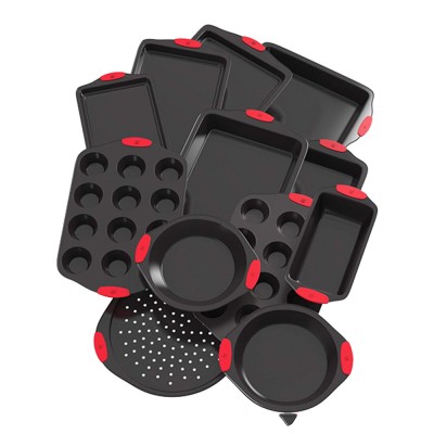 WSJ Amazon hot selling 11-Piece Nonstick Carbon Steel Bakeware Sets With Red Silicone Handles Nonstick Bakeware Sets